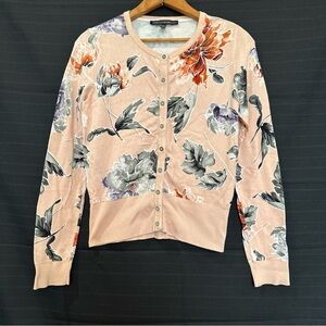 WHITE HOUSE BLACK MARKET Long Sleeve Cardigan Sweater Floral Gray Pink Small